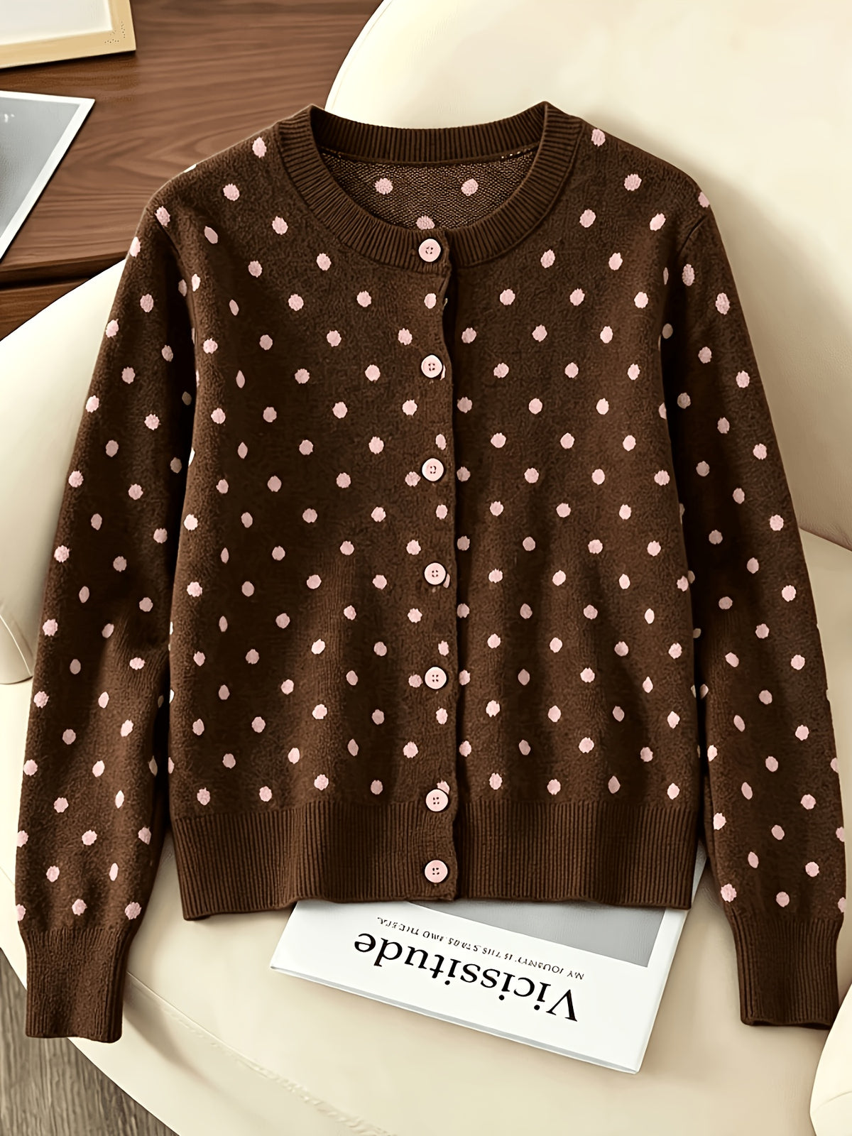 Gesine | Gebreid vest met polkadots en ronde halslijn