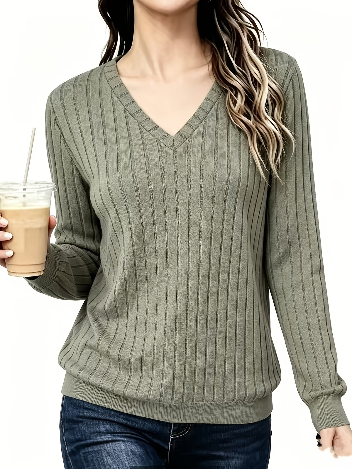 Stina | Gebreid V-hals shirt met medium stretch