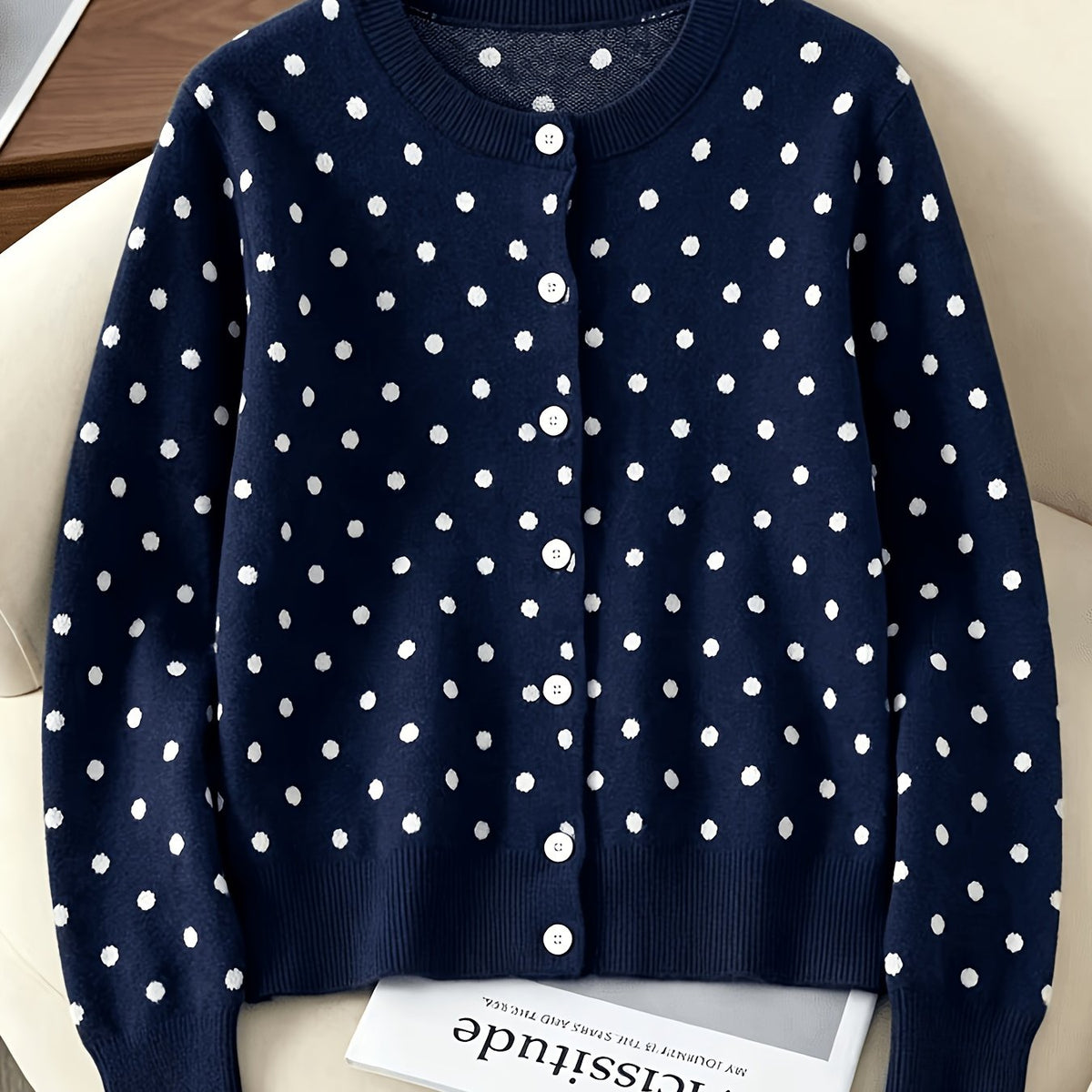 Gesine | Gebreid vest met polkadots en ronde halslijn