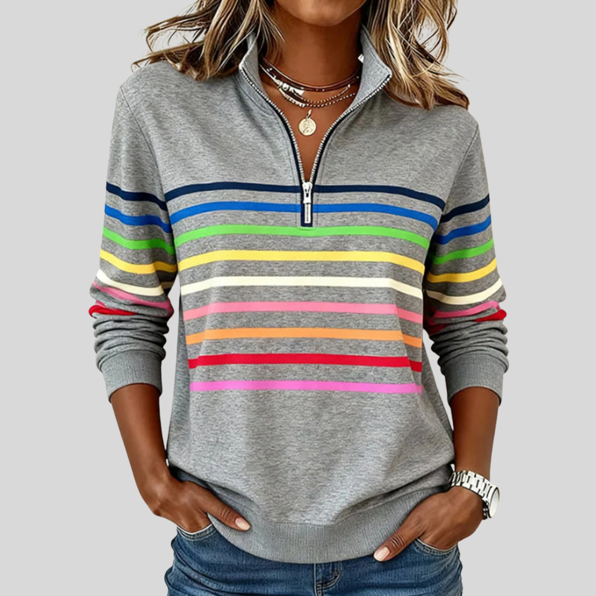 Prismette™ | Kleurrijke Gestreepte Half-Zip Sweatshirt