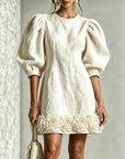 Witte 3D Bloemige Puff-Sleeve Katoen-Linnen Mini Jurk
