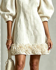 Witte 3D Bloemige Puff-Sleeve Katoen-Linnen Mini Jurk