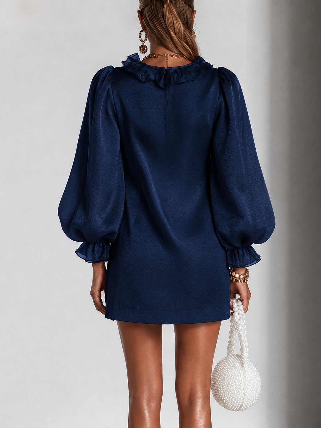 Marineblauwe Rimpel Puff-Sleeve Losse Rechte Mini Jurk