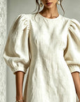 Witte 3D Bloemige Puff-Sleeve Katoen-Linnen Mini Jurk