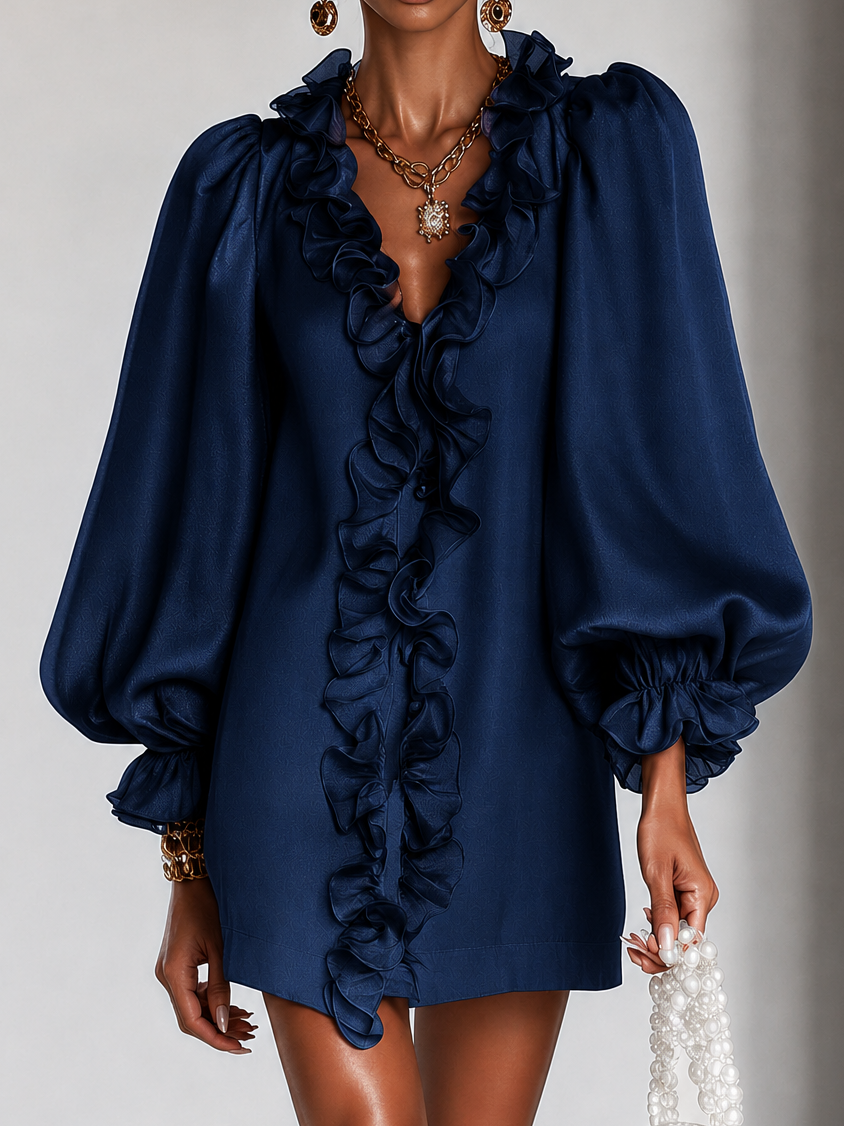 Marineblauwe Rimpel Puff-Sleeve Losse Rechte Mini Jurk