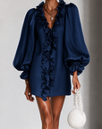 Marineblauwe Rimpel Puff-Sleeve Losse Rechte Mini Jurk