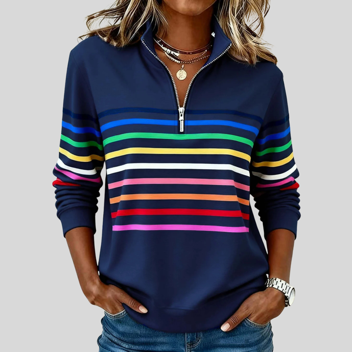Prismette™ | Kleurrijke Gestreepte Half-Zip Sweatshirt
