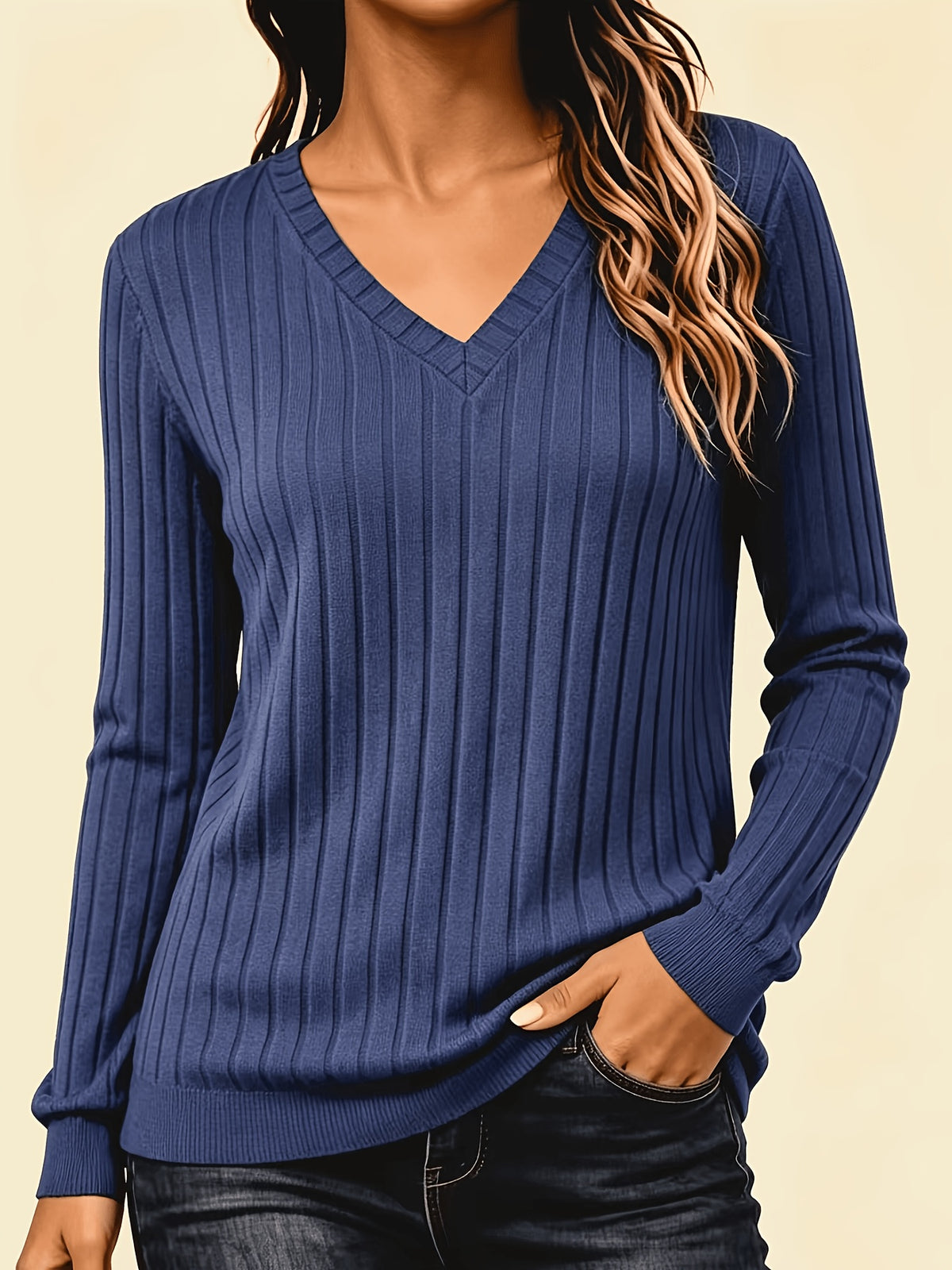 Stina | Gebreid V-hals shirt met medium stretch