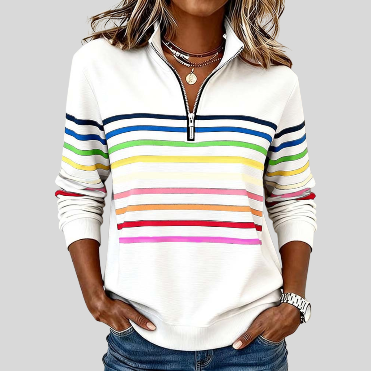 Prismette™ | Kleurrijke Gestreepte Half-Zip Sweatshirt