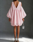 Baby Roze Chiffon Diepe V Koude Schouder Mini Jurk Puffer Ballon Mouw Babydoll Feestjurk