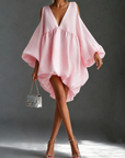 Baby Roze Chiffon Diepe V Koude Schouder Mini Jurk Puffer Ballon Mouw Babydoll Feestjurk