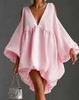 Baby Roze Chiffon Diepe V Koude Schouder Mini Jurk Puffer Ballon Mouw Babydoll Feestjurk