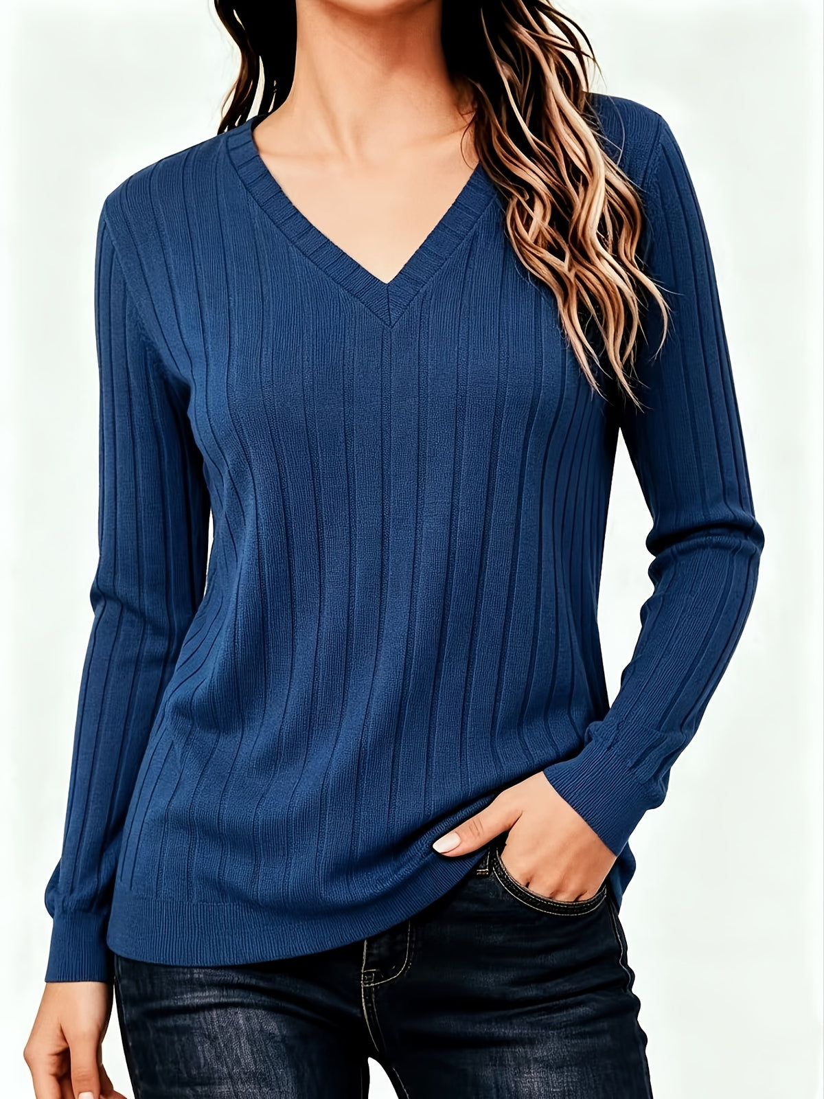 Stina | Gebreid V-hals shirt met medium stretch
