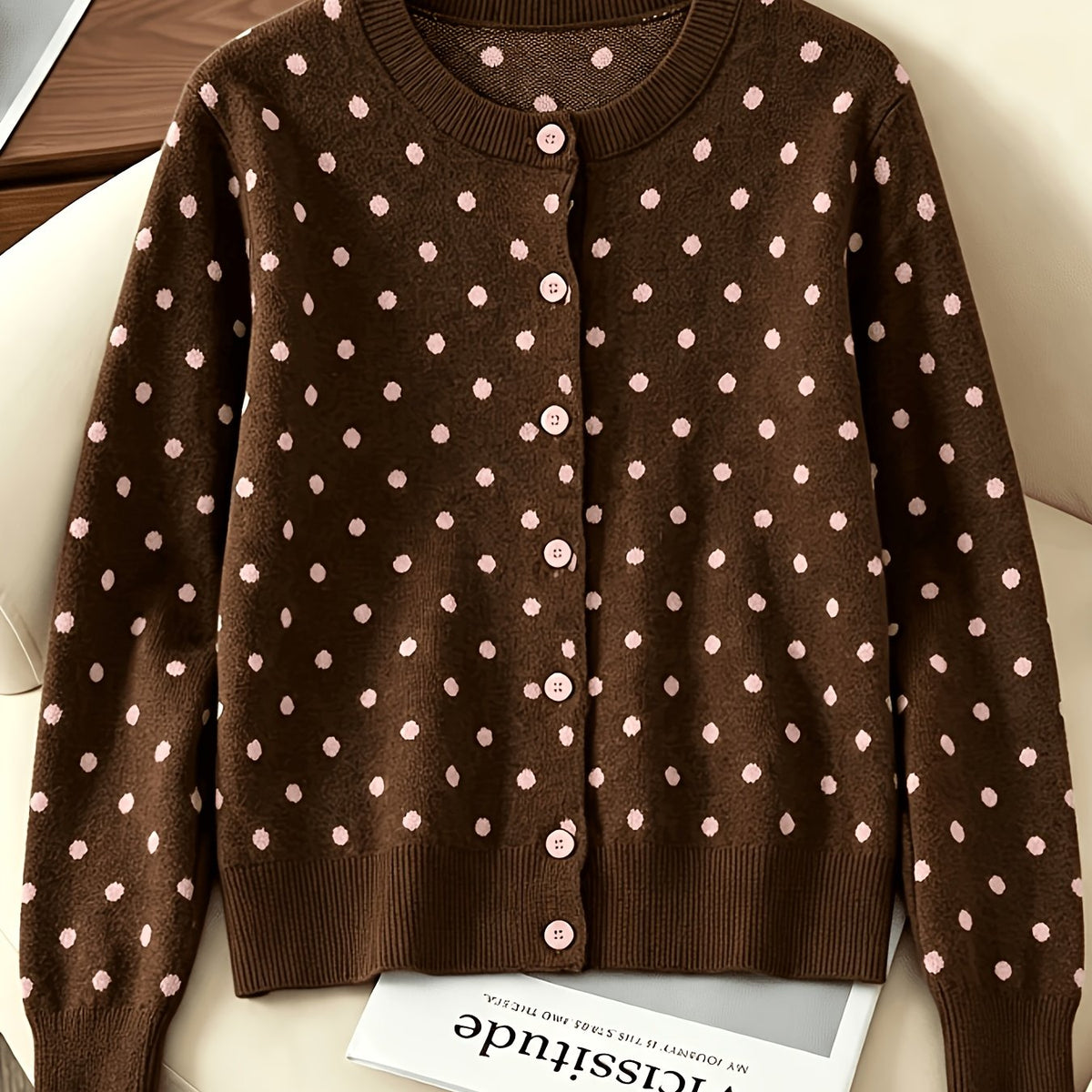 Gesine | Gebreid vest met polkadots en ronde halslijn