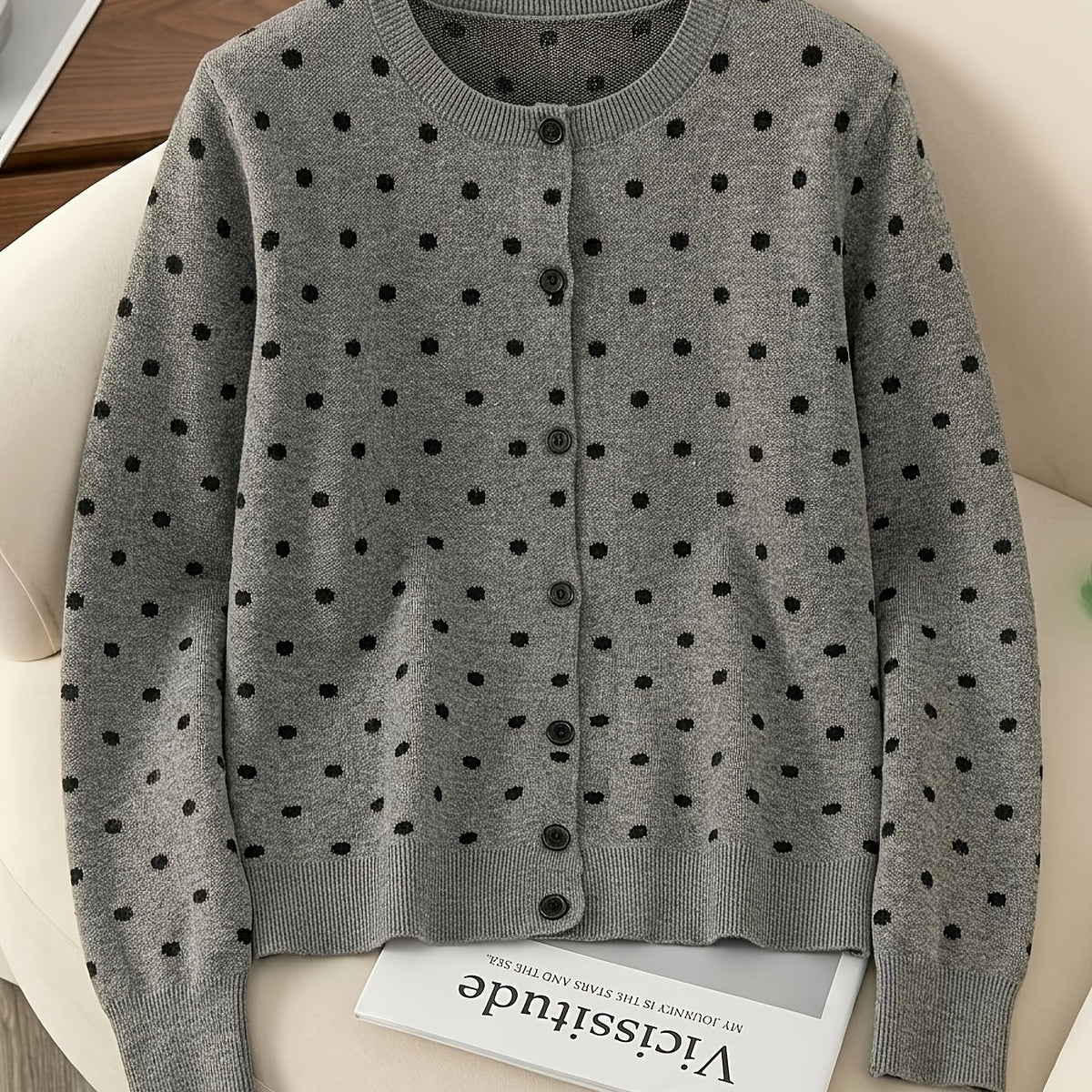 Gesine | Gebreid vest met polkadots en ronde halslijn