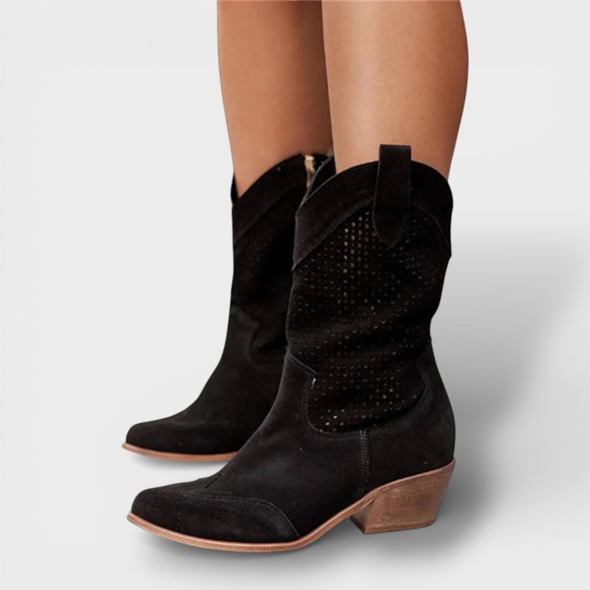 Nala | Cowboylaarzen met Geperforeerd Patroon en Blokhak