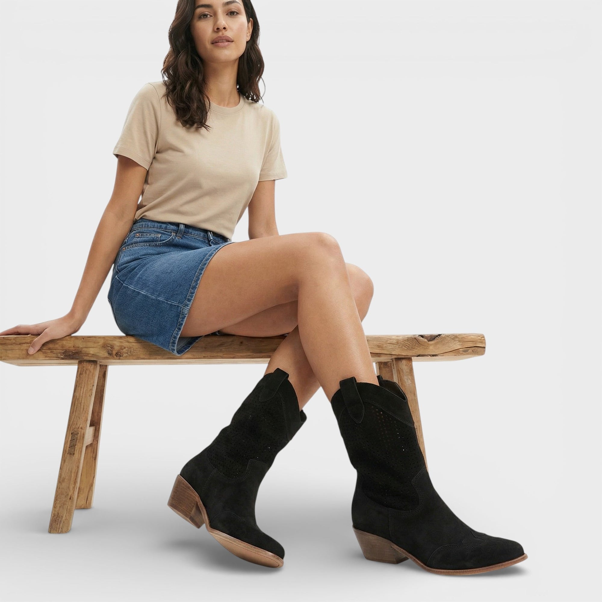 Nala | Cowboylaarzen met Geperforeerd Patroon en Blokhak