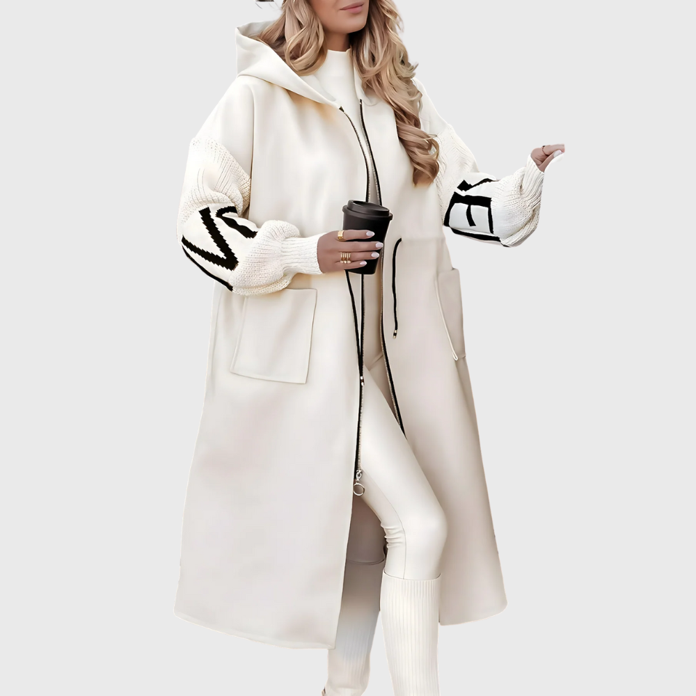 Johanna | Dames Lange Modieuze Jas | Met Geribbelde Mouwen