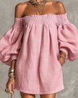 Roze Off-shoulder Lantaarnmouw A-lijn Los Mini Jurk