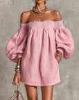 Roze Off-shoulder Lantaarnmouw A-lijn Los Mini Jurk
