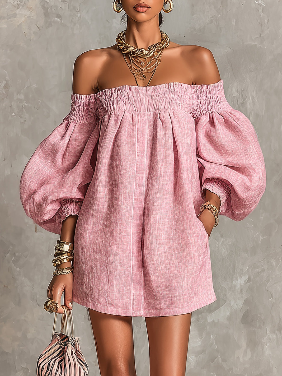 Roze Off-shoulder Lantaarnmouw A-lijn Los Mini Jurk