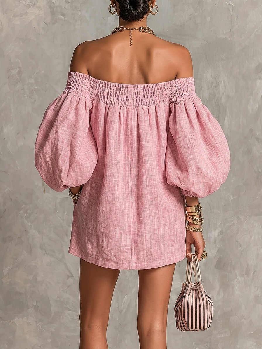 Roze Off-shoulder Lantaarnmouw A-lijn Los Mini Jurk