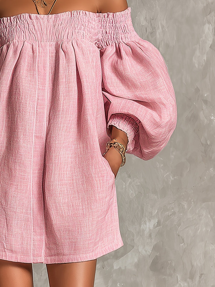 Roze Off-shoulder Lantaarnmouw A-lijn Los Mini Jurk