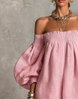 Roze Off-shoulder Lantaarnmouw A-lijn Los Mini Jurk