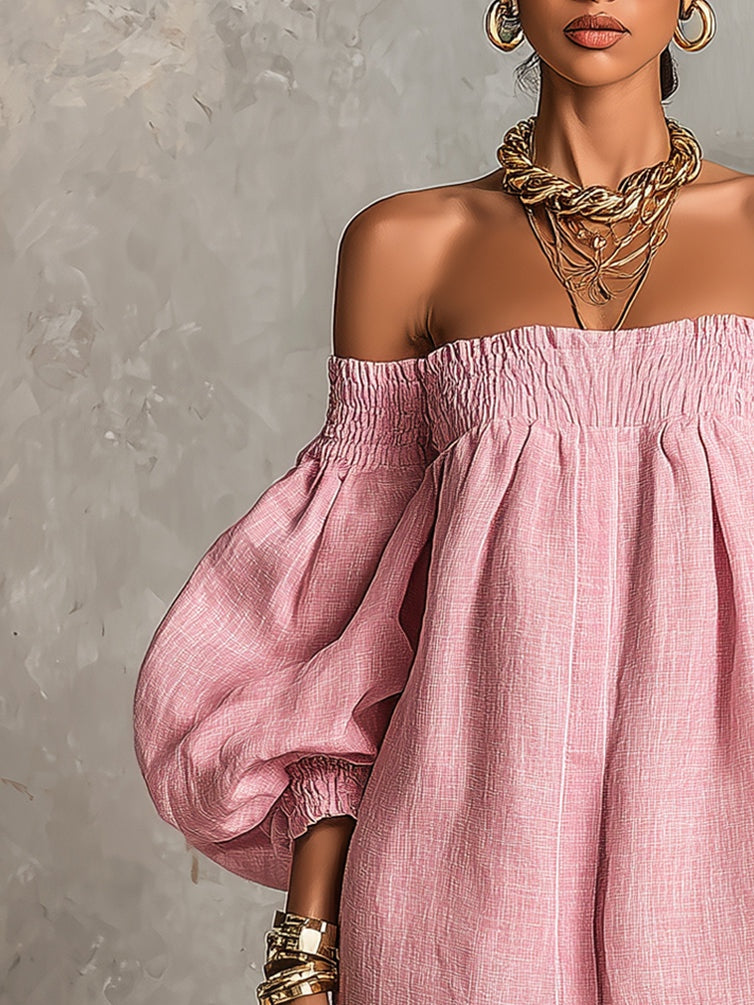 Roze Off-shoulder Lantaarnmouw A-lijn Los Mini Jurk