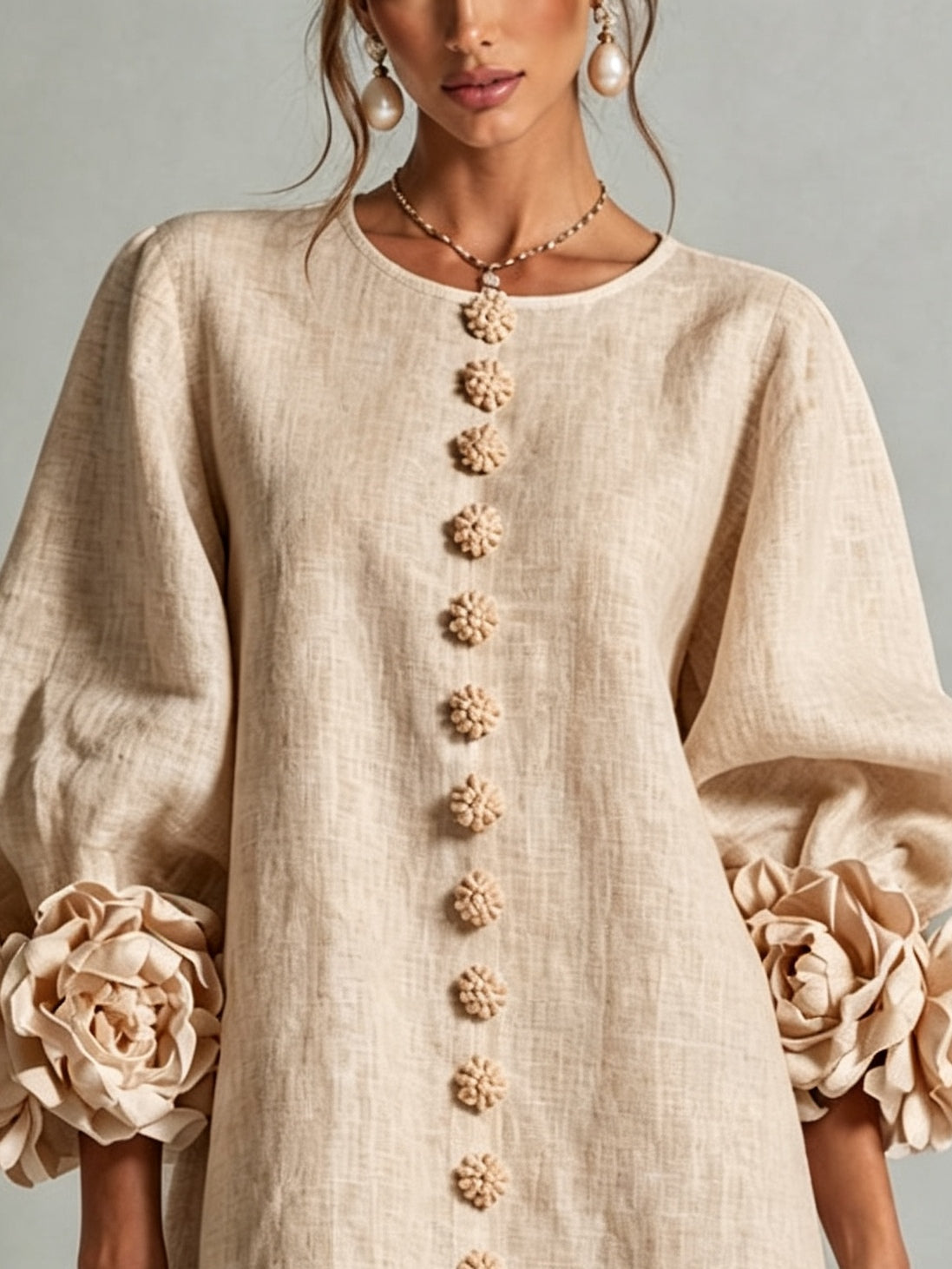 Beige Bloemen Knop-down Mini Jurk Met Opvallende Bloemen Manchetten