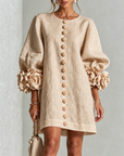 Beige Bloemen Knop-down Mini Jurk Met Opvallende Bloemen Manchetten
