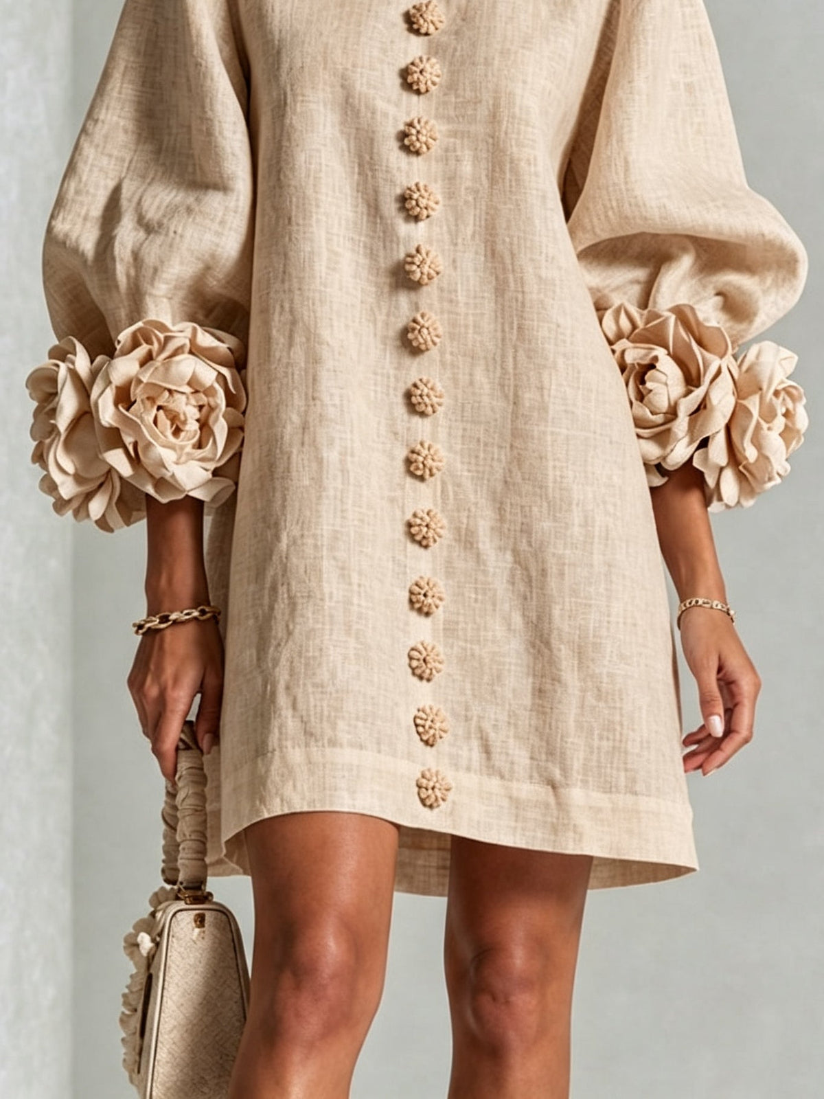 Beige Bloemen Knop-down Mini Jurk Met Opvallende Bloemen Manchetten