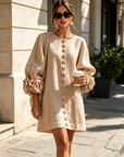 Beige Bloemen Knop-down Mini Jurk Met Opvallende Bloemen Manchetten