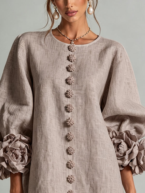 Paddenstoel Taupe Bloemen Knop-down Mini Jurk Met Opvallende Bloemmanchetten