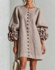Paddenstoel Taupe Bloemen Knop-down Mini Jurk Met Opvallende Bloemmanchetten