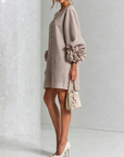Paddenstoel Taupe Bloemen Knop-down Mini Jurk Met Opvallende Bloemmanchetten