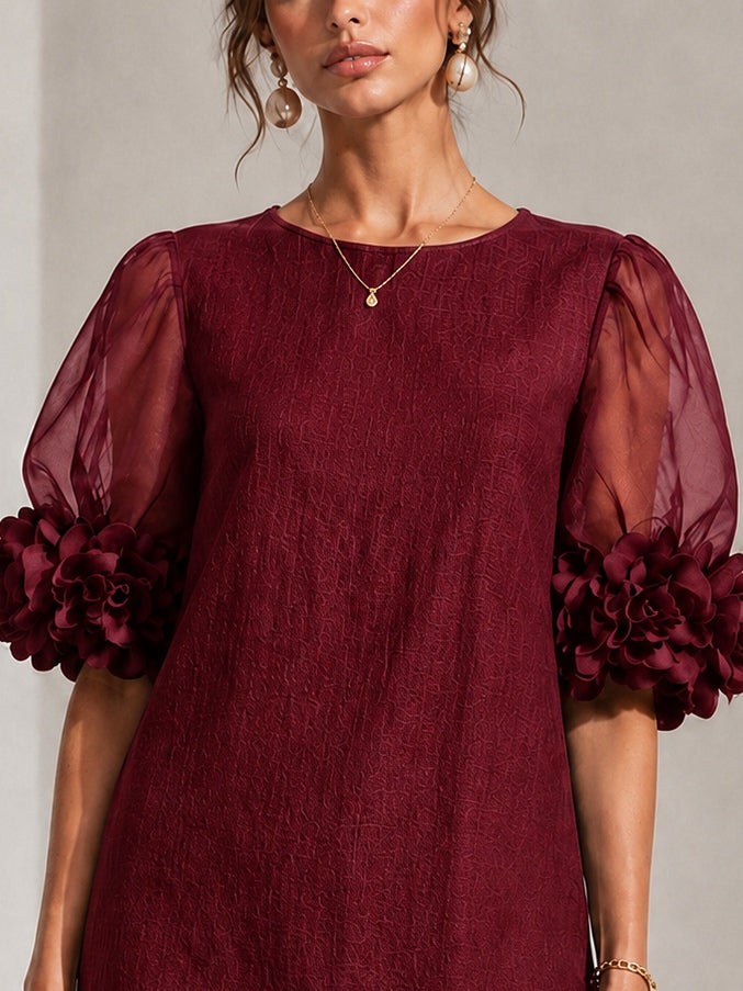 Bordeaux Organza Mini-jurk met Pofmouwen en Opvallende Bloemmotieven