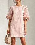 Roze Organza Puff-mouwen Mini Jurk Met Opvallende Bloemkappen