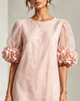 Roze Organza Puff-mouwen Mini Jurk Met Opvallende Bloemkappen