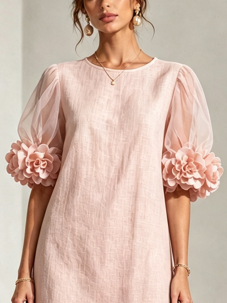 Roze Organza Puff-mouwen Mini Jurk Met Opvallende Bloemkappen