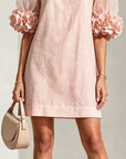 Roze Organza Puff-mouwen Mini Jurk Met Opvallende Bloemkappen