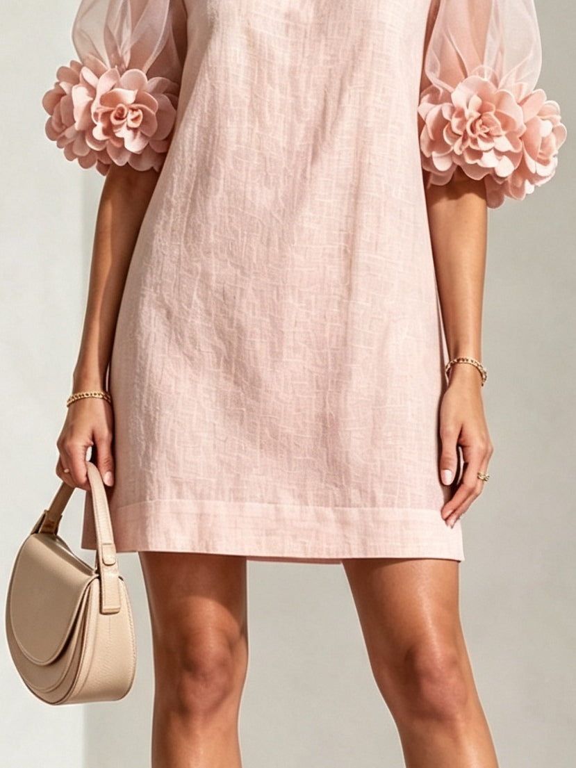 Roze Organza Puff-mouwen Mini Jurk Met Opvallende Bloemkappen
