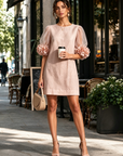 Roze Organza Puff-mouwen Mini Jurk Met Opvallende Bloemkappen