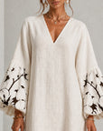 Witte V-hals Lantaarn Puff Mouw Bloemenprint Mini Jurk