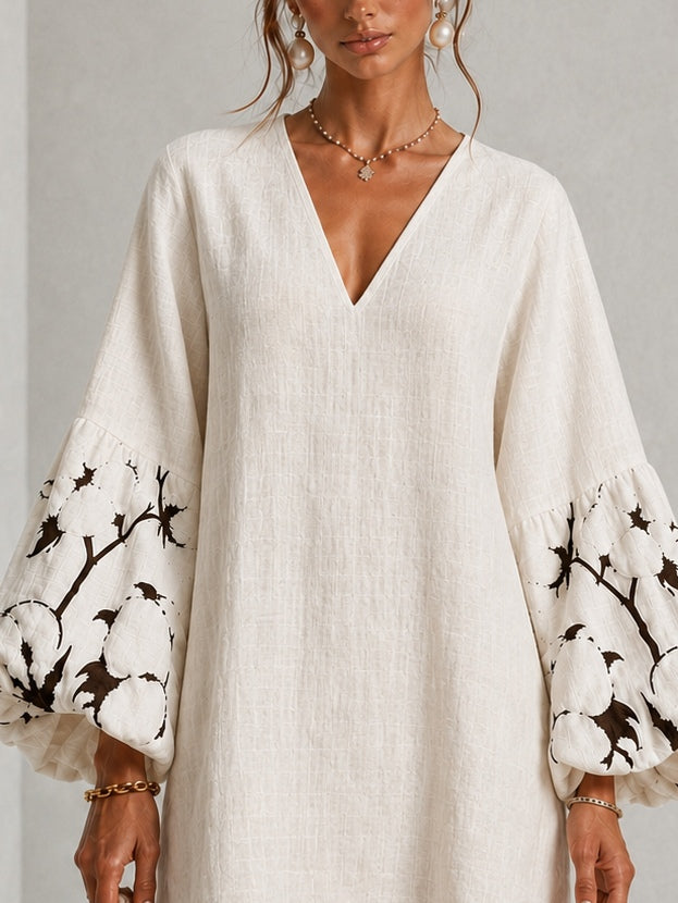 Witte V-hals Lantaarn Puff Mouw Bloemenprint Mini Jurk