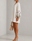 Witte V-hals Lantaarn Puff Mouw Bloemenprint Mini Jurk