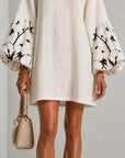 Witte V-hals Lantaarn Puff Mouw Bloemenprint Mini Jurk