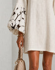 Witte V-hals Lantaarn Puff Mouw Bloemenprint Mini Jurk