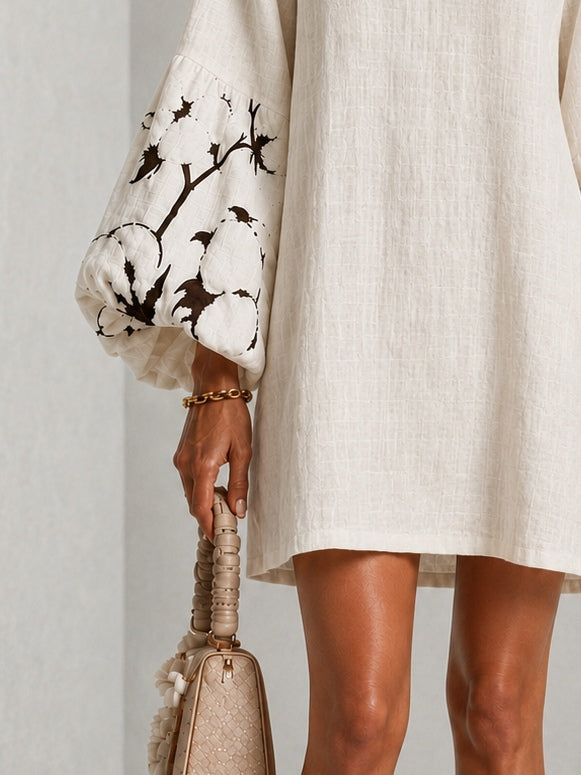Witte V-hals Lantaarn Puff Mouw Bloemenprint Mini Jurk