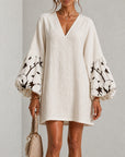 Witte V-hals Lantaarn Puff Mouw Bloemenprint Mini Jurk